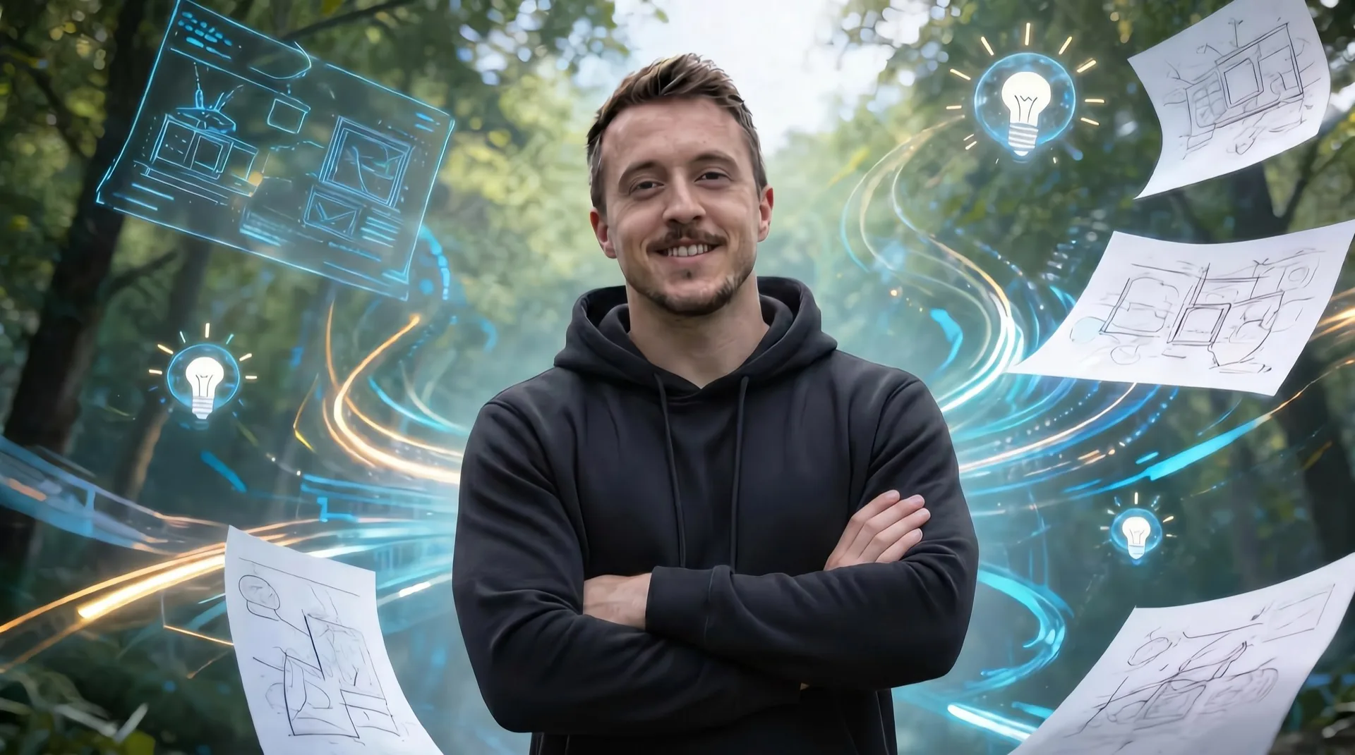 Dominik mit kreativen digitalen Ideen-Elementen