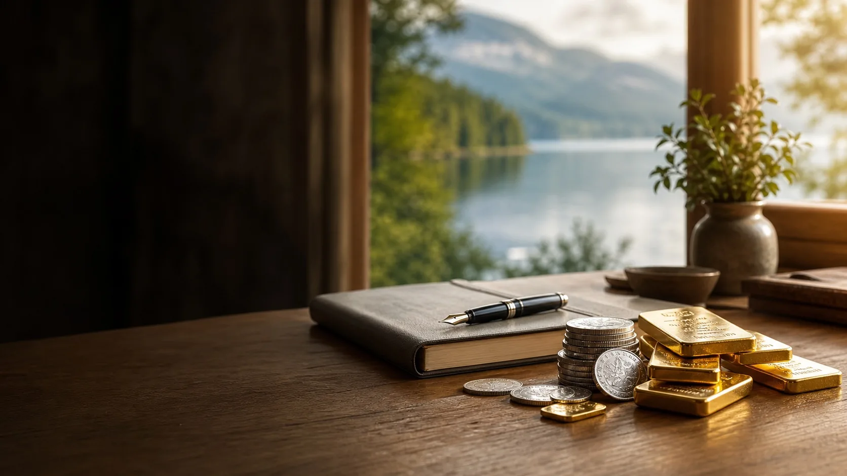 Goldbarren und Silbermünzen auf einem Holztisch mit Blick auf einen See