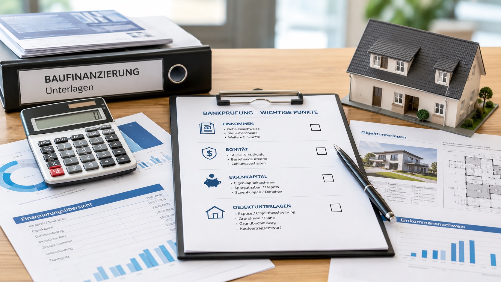 Unterlagen, Checkliste, Rechner und Hausmodell für die Prüfung einer Baufinanzierung