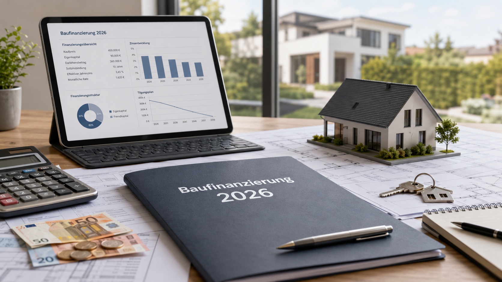 Baufinanzierungsanalyse mit Hausmodell, Tablet, Tilgungsplan und Schlüssel