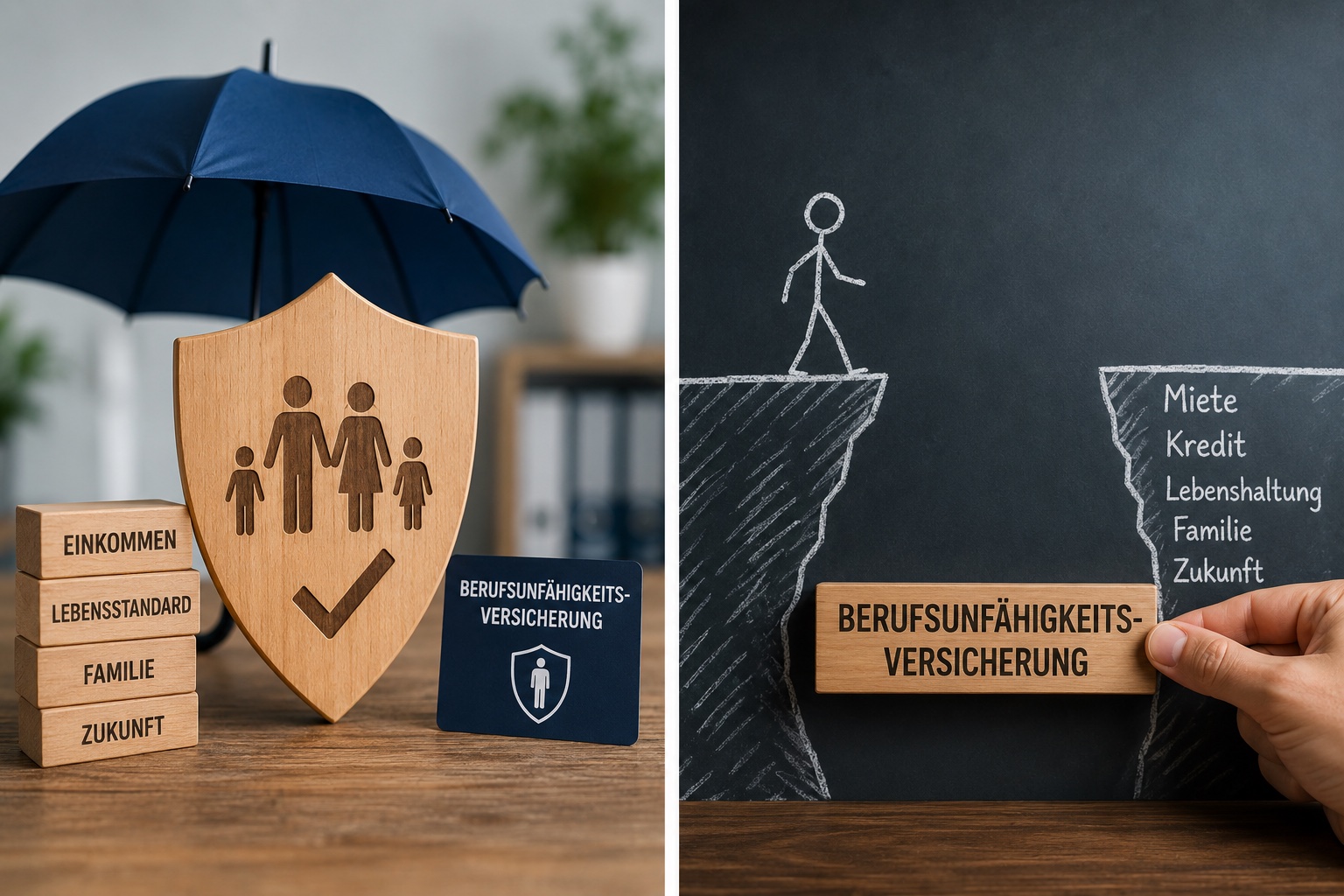 Schutzschild für Einkommen, Familie und Zukunft sowie eine symbolische Lücke bei Berufsunfähigkeit