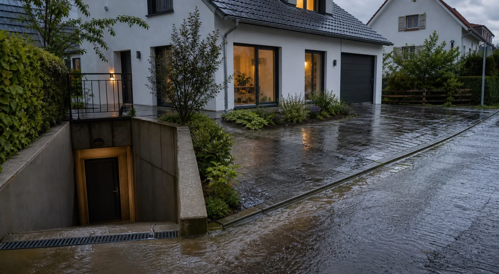 Wohnhaus nach Starkregen mit Wasser auf Einfahrt und Kellereingang