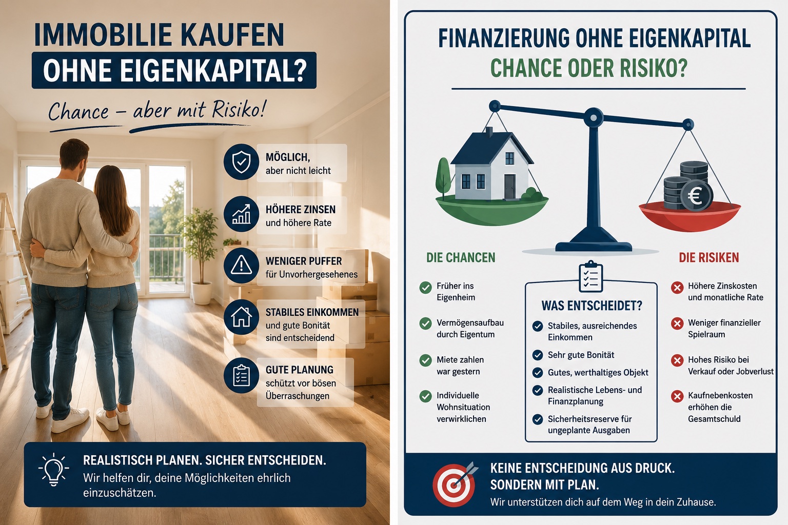 Paar in einer Immobilie und Gegenüberstellung der Chancen und Risiken einer Finanzierung ohne Eigenkapital