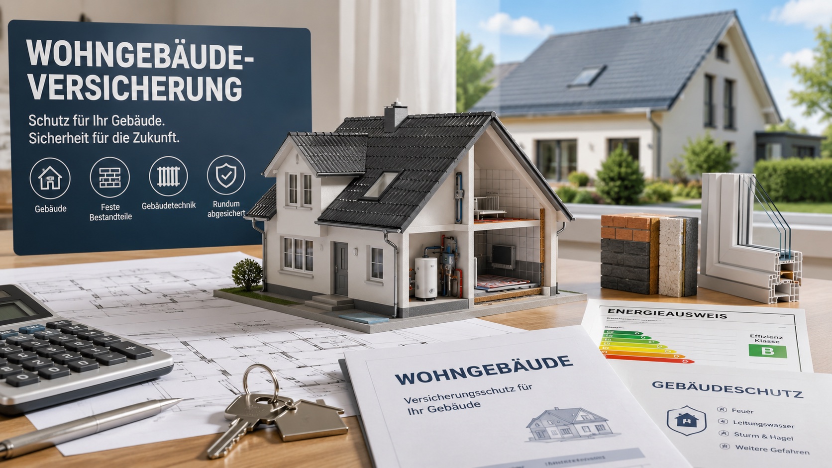 Wohngebäudeversicherung mit Hausmodell, Gebäudetechnik, Bauteilen und Versicherungsunterlagen