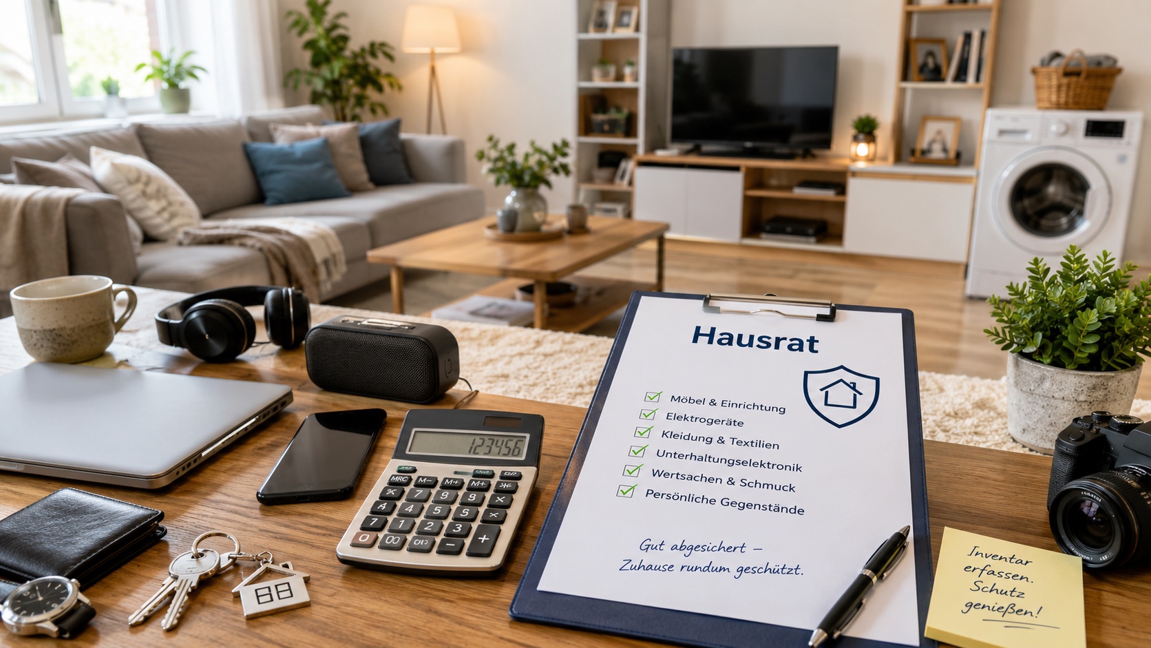 Hausratversicherung mit Wohnzimmereinrichtung, Elektrogeräten, Wertsachen und Inventarliste