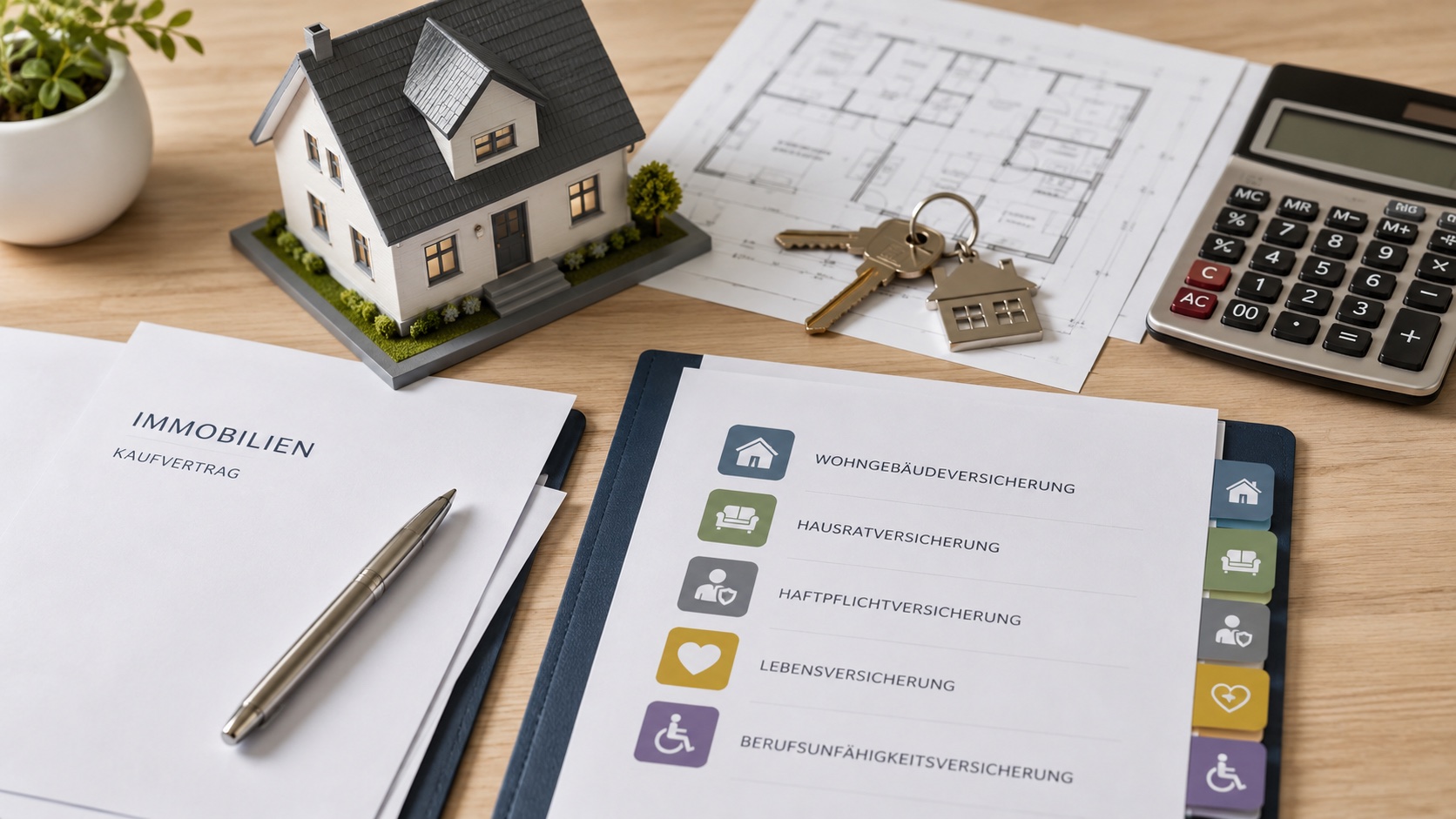 Unterlagen zum Immobilienkauf mit Hausmodell und Übersicht wichtiger Versicherungen
