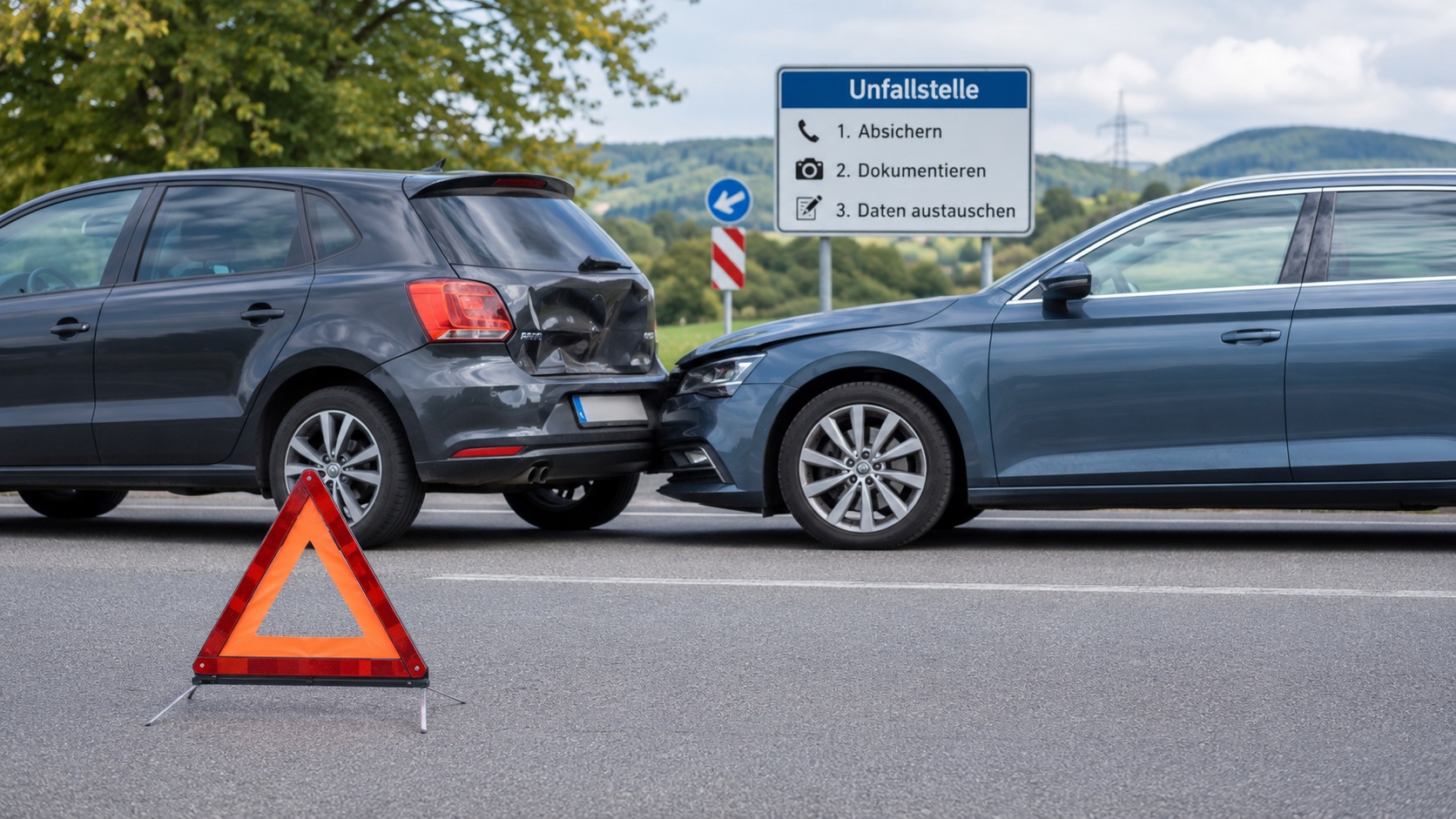 Zwei beschädigte Autos an einer abgesicherten Unfallstelle mit Warndreieck