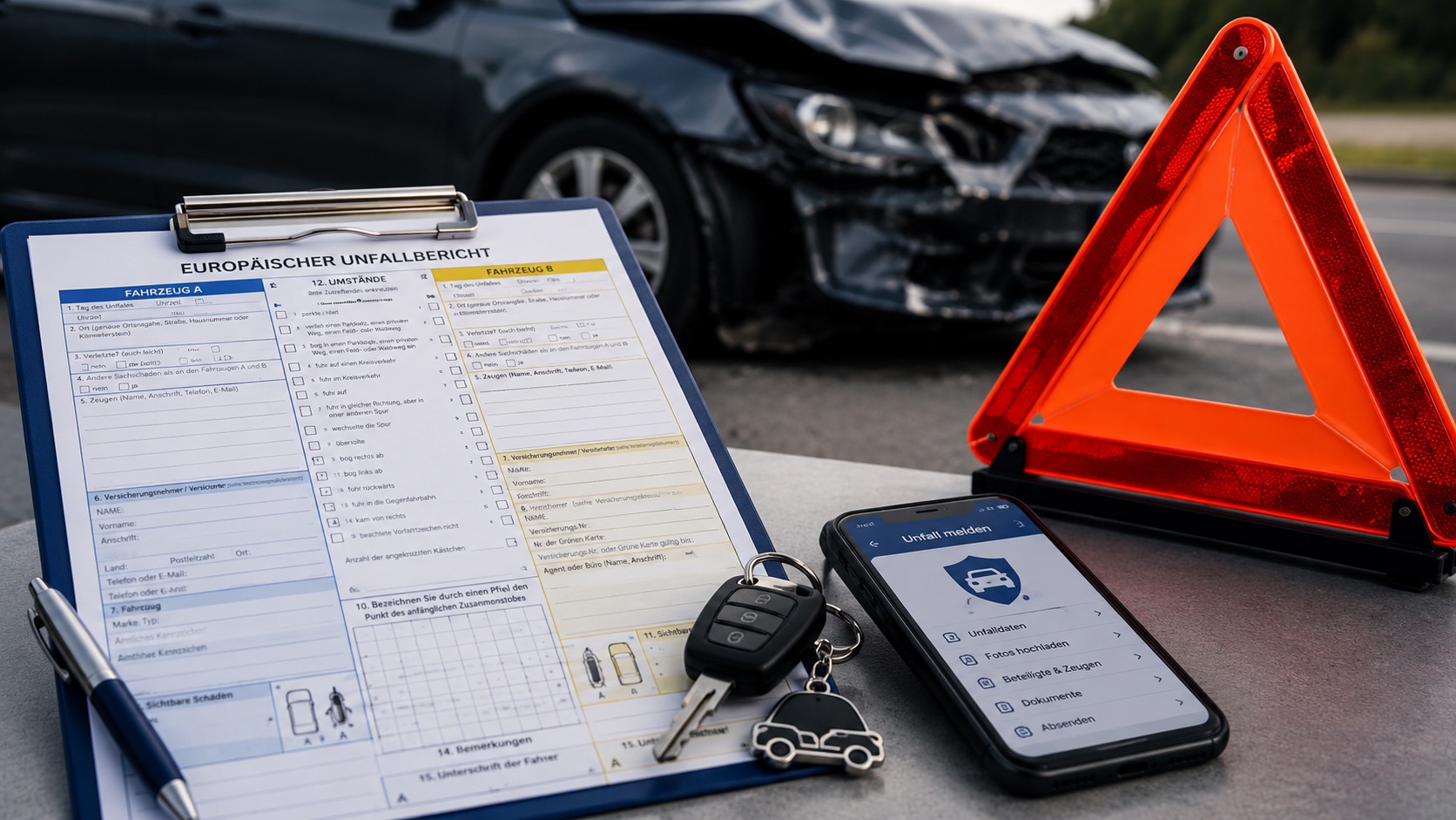 Europäischer Unfallbericht, Fahrzeugschlüssel, Warndreieck und digitale Unfallmeldung am beschädigten Auto
