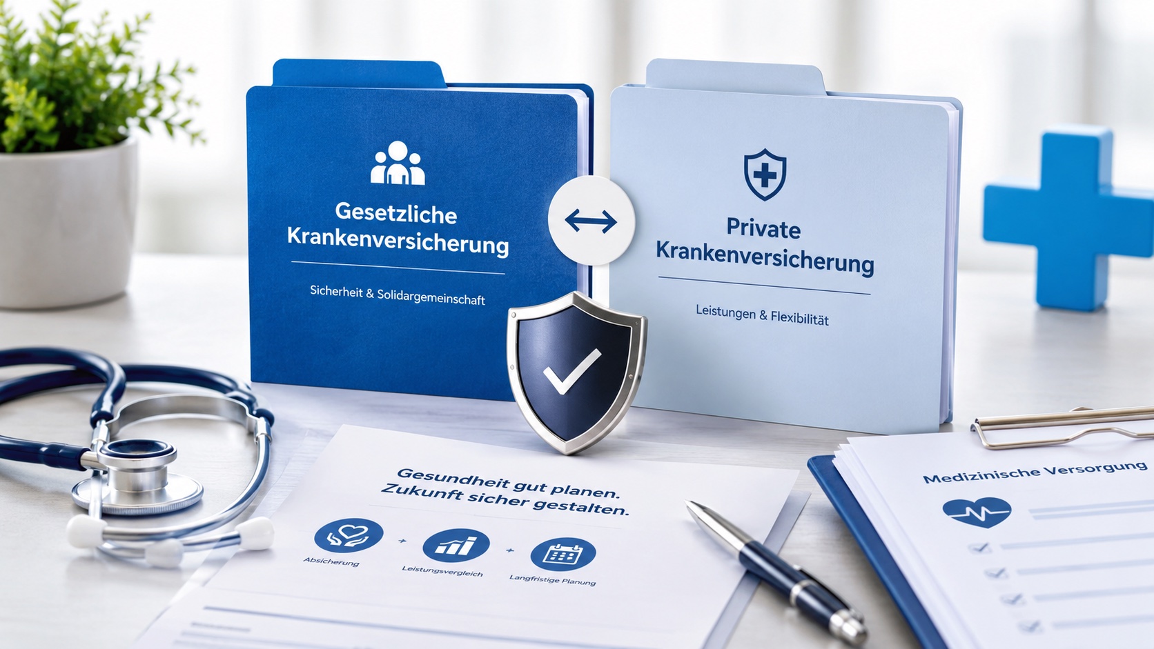 Gegenüberstellung von gesetzlicher und privater Krankenversicherung mit Schutzschild