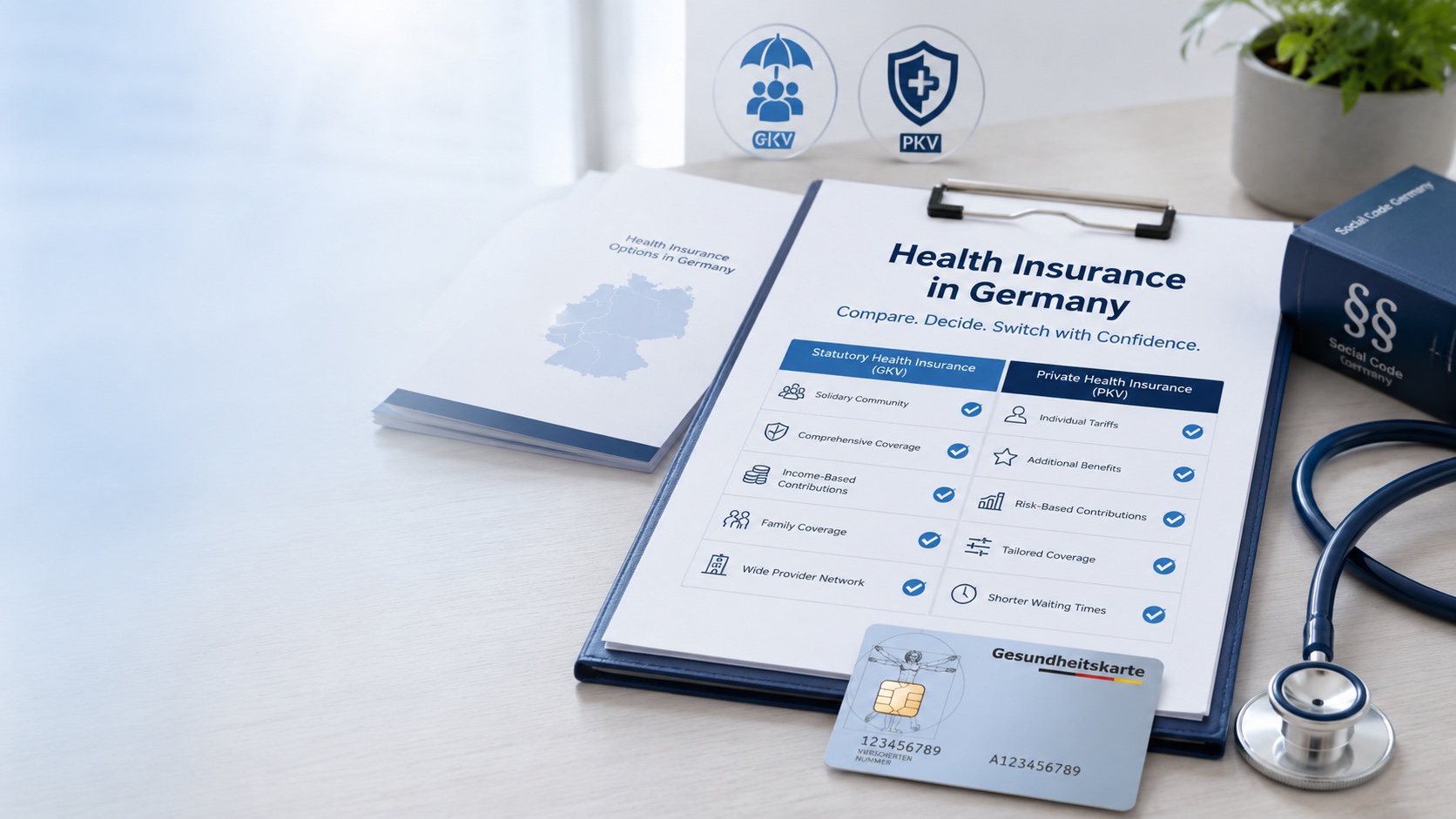 Vergleich von gesetzlicher und privater Krankenversicherung mit Gesundheitskarte und Stethoskop
