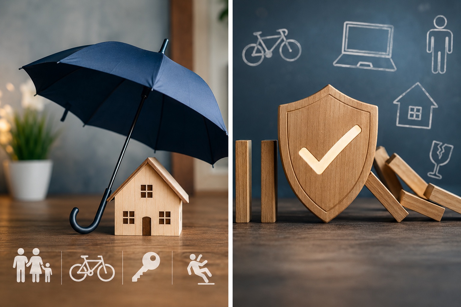 Schutzschirm, Haus und Schutzschild als Symbol für die private Haftpflichtversicherung