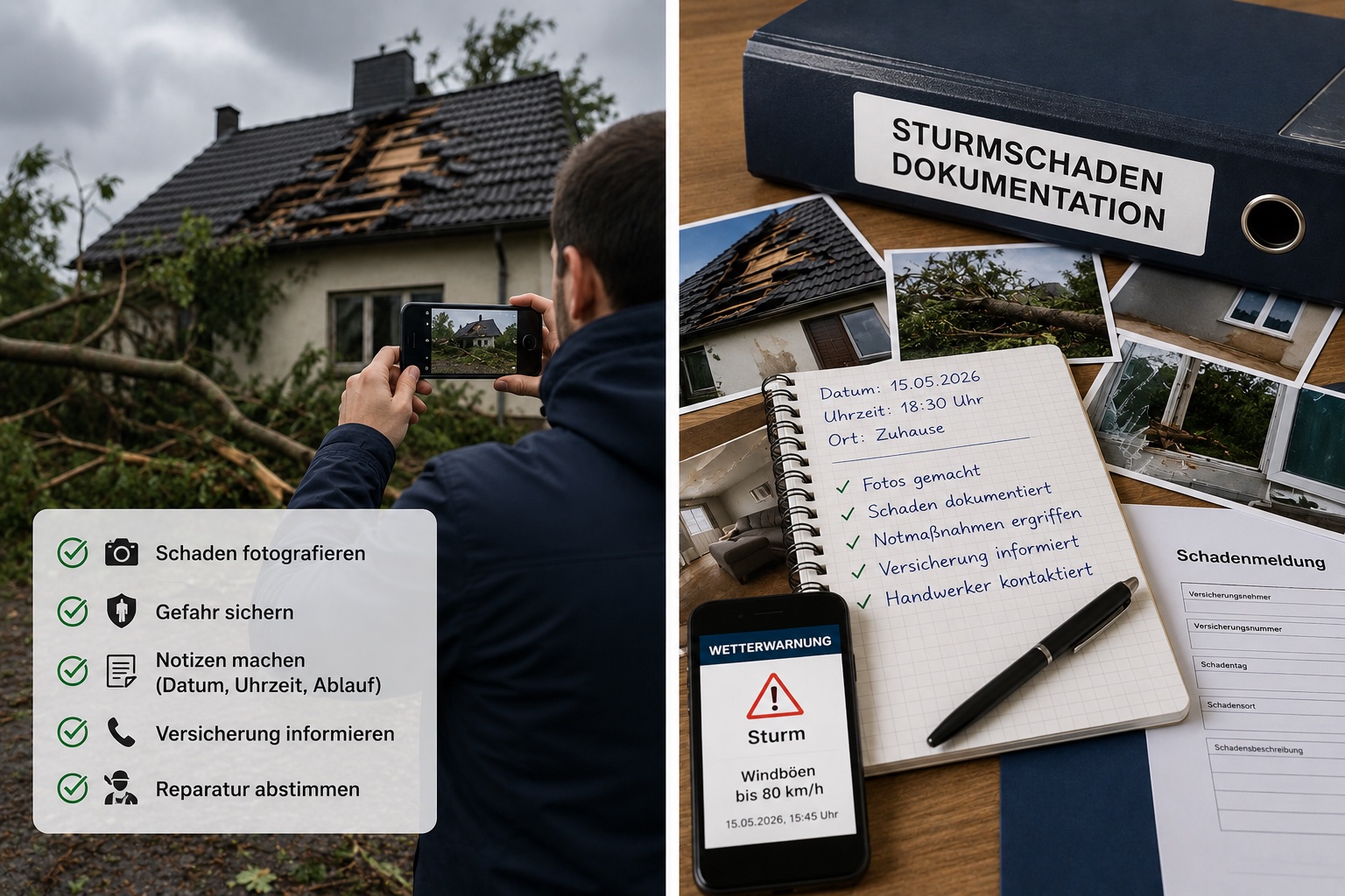 Dokumentation eines Sturmschadens am Haus mit Dachschaden, Fotos, Notizen und Wetterwarnung