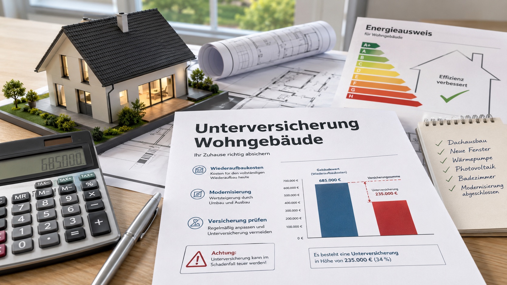 Wohngebäudeanalyse mit Hausmodell, Modernisierungsangaben und Vergleich von Gebäudewert und Versicherungssumme