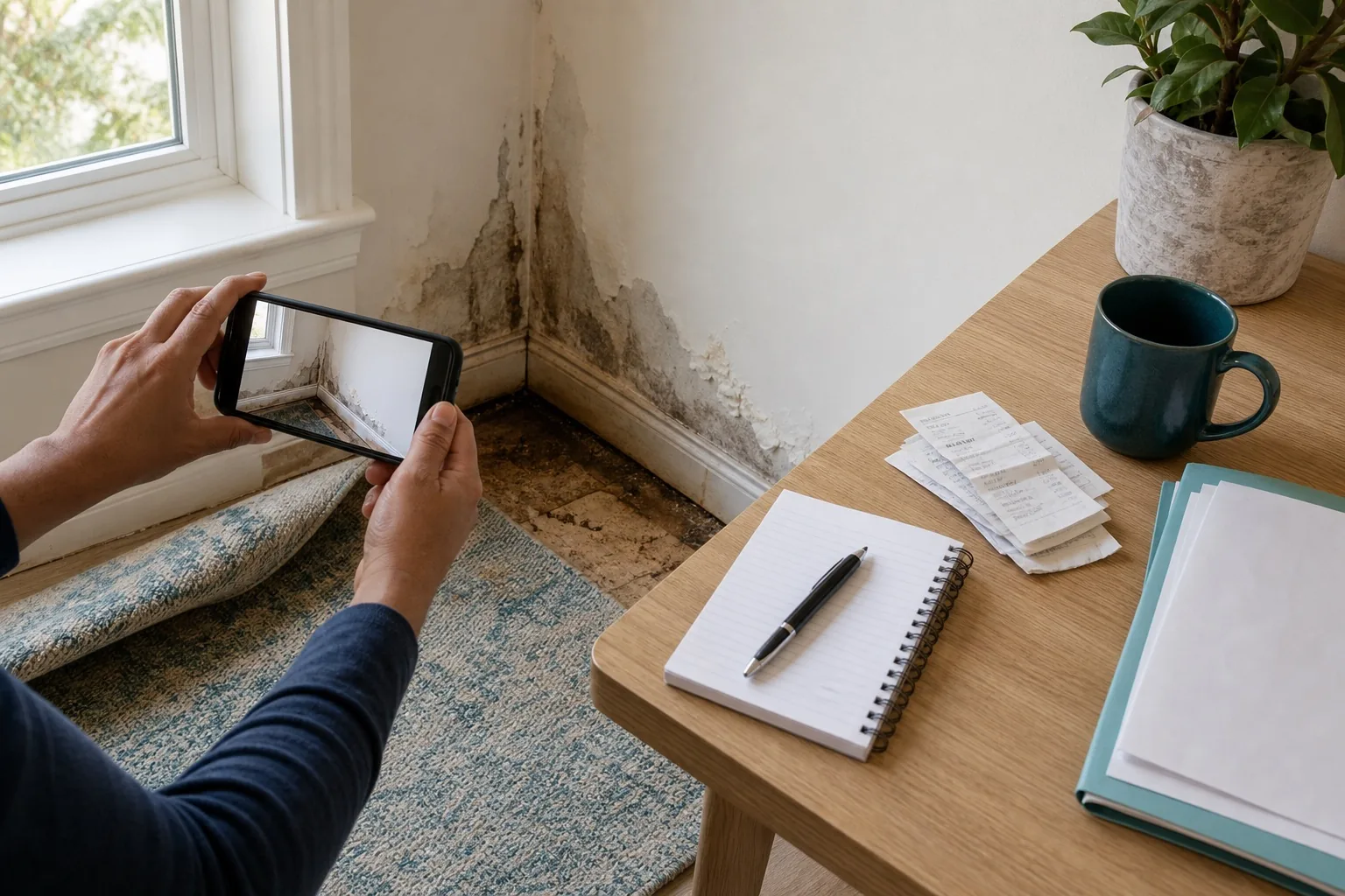 Wasserschaden an einer Wand wird mit Smartphone, Notizbuch und Belegen dokumentiert