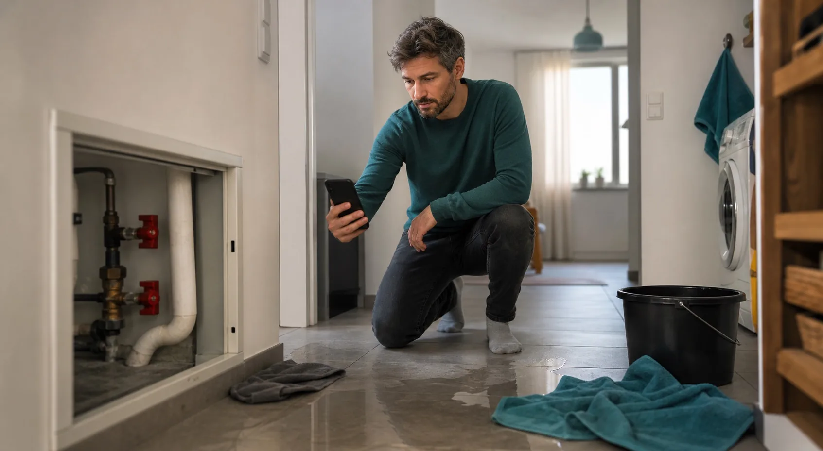 Wasserschaden in einer Wohnung mit Handtüchern, Eimer und Smartphone zur Dokumentation