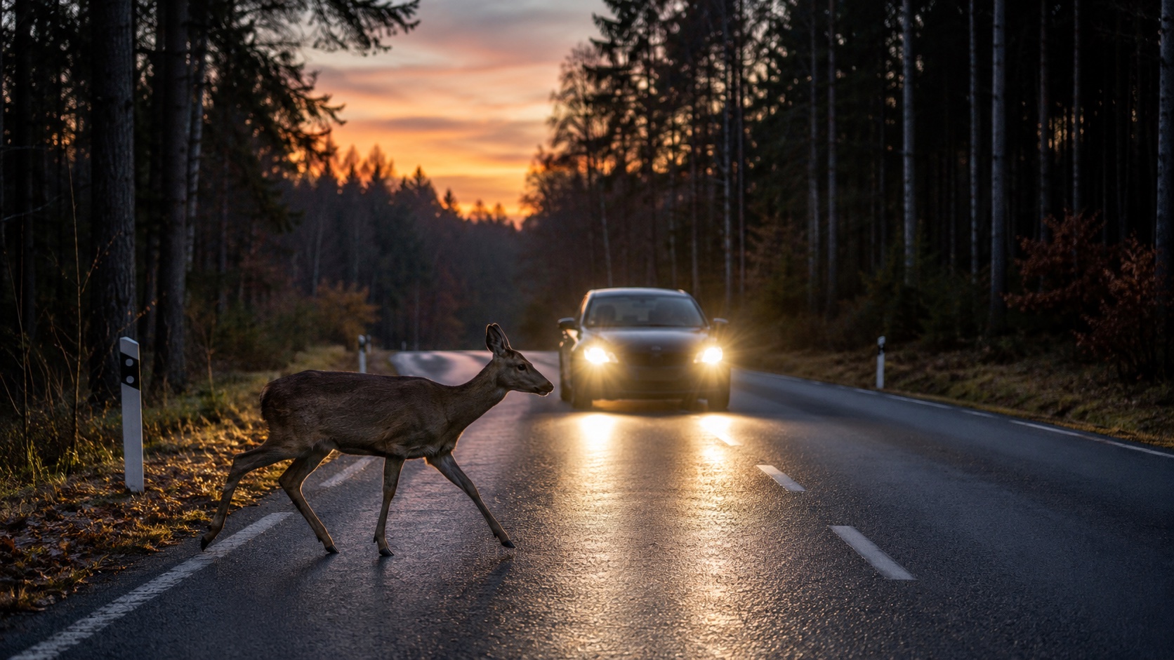 Reh auf einer Waldstraße vor einem herannahenden Auto in der Dämmerung
