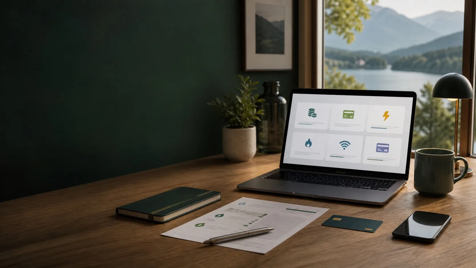 Laptop mit Vergleichskacheln, Unterlagen und Karte auf einem Schreibtisch am See